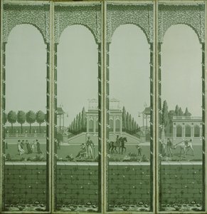 Block-printed monochrome four panelled screen depicting figures in an ornamental garden by Joseph Dufour